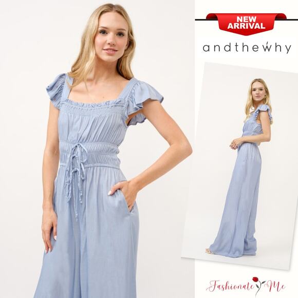 And The Why Ruched Multi Strings Details Square Neck Wide Leg Jumpsuit | Blue - Picture 1 of 8